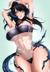Rule 34 | 1girl, abs, absurdres, au ra, black hair, black one-piece swimsuit, breasts, commission, double vertical stripe, dragon horns, dragon tail, final fantasy, final fantasy xiv, gris swimsuit, highres, horns, large breasts, long hair, looking at viewer, meme attire, navel, noxcuro, one-piece swimsuit, ponytail, scales, see-through, see-through one-piece swimsuit, smile, strapless, strapless one-piece swimsuit, swimsuit, tail, warrior of light (ff14)