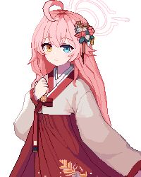 Rule 34 | 1girl, ahoge, alternate costume, blue archive, blue eyes, closed mouth, commentary, english commentary, flower, hair flower, hair ornament, halo, heterochromia, highres, hoshino (blue archive), japanese clothes, looking at viewer, pink hair, pink halo, pixel art, simple background, solo, tinia etru, white background, yellow eyes