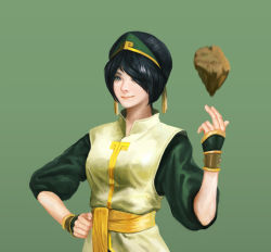 Rule 34 | 1girl, aged up, avatar: the last airbender, avatar legends, black hair, bracelet, hair over one eye, hand on own hip, highres, hyun sung oh, jewelry, looking at viewer, md5 mismatch, realistic, resized, rock, sash, smile, solo, studded bracelet, swept bangs, toph bei fong, upper body