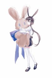 Rule 34 | 1girl, absurdres, alternate costume, amiya (arknights), animal ears, arknights, black footwear, black shorts, blue bow, blue eyes, bow, brown hair, clothing cutout, extra ears, flats, full body, hair between eyes, highres, holding, holding stuffed toy, long hair, long sleeves, looking at viewer, one eye closed, oversized object, rabbit ears, rabbit girl, rabbit tail, shorts, sidelocks, simple background, solo, standing, stuffed animal, stuffed rabbit, stuffed toy, tail, tail through clothes, thighhighs, white background, white sleeves, white thighhighs, yunluo
