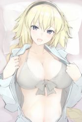 Rule 34 | 1girl, :d, bad id, bad pixiv id, bikini, blonde hair, blue eyes, blue jacket, braid, breasts, cleavage, collarbone, fate/grand order, fate (series), front-tie bikini top, front-tie top, grey bikini, hair between eyes, hairband, halterneck, hands up, head tilt, highres, jacket, jeanne d&#039;arc (fate), jeanne d&#039;arc (ruler) (fate), jeanne d&#039;arc (swimsuit archer) (fate), jeanne d&#039;arc (swimsuit archer) (first ascension) (fate), large breasts, long hair, long sleeves, looking at viewer, lying, mobu, navel, on back, open clothes, open jacket, open mouth, pale color, pillow, single braid, smile, solo, stomach, swimsuit, undressing, upper body
