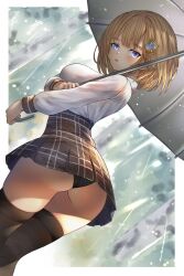 Rule 34 | 1girl, absurdres, ass, black panties, blonde hair, blue eyes, breasts, hair ornament, highres, holding, holding umbrella, hololive, hololive english, honkivampy, large breasts, looking at viewer, looking back, open mouth, panties, shirt, short hair, simple background, skirt, umbrella, underwear, virtual youtuber, watson amelia