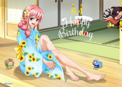 Rule 34 | 2boys, 2girls, alternate costume, architecture, artist logo, barefoot, blue kimono, dated, east asian architecture, floral print, flower, hair flower, hair ornament, happy birthday, highres, japanese clothes, kabu, kabu (one piece), kimono, knee up, legs, leo (one piece), long hair, long legs, looking at viewer, multiple boys, multiple girls, obi, one piece, pink eyes, pink hair, ponytail, rebecca (one piece), rider (orange couture), sash, shadow, sidelocks, sitting, smile, teeth, toes, tongue, upper teeth only, wicca, yellow sash, yukata