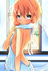 Rule 34 | 10s, 1girl, alternate breast size, alternate costume, backless dress, backless outfit, bare back, blanc (neptunia), blue eyes, blush, brown hair, dress, female focus, from behind, highres, looking at viewer, meme attire, neptune (series), no panties, ribbed sweater, ryuu (pikagomi), short hair, solo, sweater, turtleneck, turtleneck sweater, virgin killer sweater