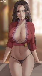Rule 34 | 1girl, artist name, black hair, black panties, blue eyes, blurry, blurry background, blush, boa hancock, breasts, closed mouth, collarbone, commentary, earrings, english commentary, highleg, highleg panties, highres, jewelry, large breasts, long hair, looking at viewer, navel, one piece, oroborus, panties, parted bangs, short sleeves, signature, simple background, snake earrings, solo, stomach, thighs, underwear