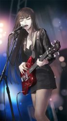 Rule 34 | 1girl, bass guitar, black shirt, black skirt, blurry, brown hair, closed eyes, commentary request, eyelashes, highres, holding, holding instrument, instrument, jacket, jibek lily, kill la kill, kiryuuin satsuki, korean commentary, long hair, long sleeves, microphone, microphone stand, music, open clothes, open jacket, open mouth, pantyhose, playing instrument, shirt, singing, skirt, solo, standing