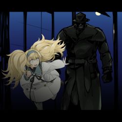 Rule 34 | 1boy, 1girl, backpack, bag, blonde hair, breasts, character request, coat, commentary request, crossover, dilated pupils, dress, duster coat, gambier bay (kancolle), grey eyes, hairband, hat, kantai collection, large breasts, letterboxed, mr. x (resident evil), resident evil, resident evil 2, resident evil 2 (remake), sailor dress, tenbin kurashi, tripping, twintails, tyrant (resident evil), wavy mouth