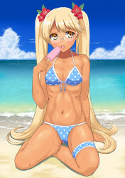 Rule 34 | 10s, 1girl, beach, bikini, blonde hair, blush, breasts, brown eyes, day, food, full body, glasses, hal 2001lop91, highres, licking, long hair, looking at viewer, navel, open mouth, popsicle, retoree (show by rock!!), show by rock!!, sitting, small breasts, solo, swimsuit, tongue, tongue out, twintails, very long hair