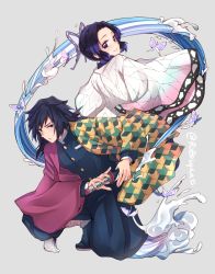 Rule 34 | 1boy, 1girl, back-to-back, black hair, blue eyes, bug, butterfly, butterfly hair ornament, buttons, carrot (robosquat), closed mouth, gradient hair, hair between eyes, hair ornament, haori, holding, holding sword, holding weapon, hydrokinesis, insect, jacket, japanese clothes, katana, kimetsu no yaiba, kochou shinobu, looking at viewer, medium hair, multicolored hair, on one knee, open clothes, ponytail, purple eyes, purple hair, sheath, short hair, simple background, smile, sword, tomioka giyuu, twitter username, two-tone hair, uniform, unsheathing, water, weapon
