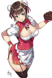 Rule 34 | 1girl, apron, black thighhighs, blue eyes, breasts, brown hair, bun cover, chinese clothes, cleavage, cleavage cutout, clothing cutout, double bun, female focus, flower, garter straps, hair bun, highres, houtengeki, large breasts, looking at viewer, original, rose, short sleeves, simple background, smile, solo, thighhighs, waist apron, white background, wrist cuffs