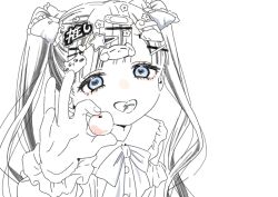 Rule 34 | 1girl, blue eyes, bow, bowtie, cherry, eyelashes, flower, food, frilled shirt collar, frills, fruit, grey hair, hair bow, hair flower, hair ornament, hairclip, heart, heart-shaped pupils, highres, long hair, looking at viewer, open mouth, original, osakana (osakanagazoubot), sketch, smile, smug, solo, spot color, symbol-shaped pupils, twintails, upper body