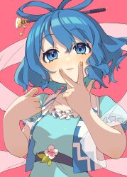 Rule 34 | 1girl, absurdres, aqua dress, blue eyes, blue hair, blush, dress, e sdss, flower, hagoromo, hair between eyes, hair ornament, hair rings, hair stick, highres, kaku seiga, looking at viewer, open clothes, open mouth, open vest, pink background, pink flower, shawl, short hair, short sleeves, simple background, solo, touhou, upper body, vest, white vest