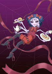 Rule 34 | 1girl, bow, breasts, cake, colored skin, extra arms, extra eyes, fang, food, high heels, highres, arthropod girl, monster girl, muffet, purple skin, ribbon, spider girl, tea, teapot, thighhighs, undertale