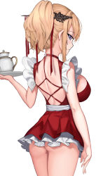 Rule 34 | 1girl, ass, azur lane, bad id, bad twitter id, blonde hair, blue eyes, blush, breasts, dress, frilled dress, frills, glorious (azur lane), glorious (pungent plum) (azur lane), hair ornament, hair stick, large breasts, looking at viewer, ponytail, red dress, short dress, short hair, sidelocks, simple background, solaris (sinhyg), solo, teapot, tray, white background
