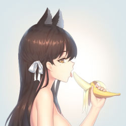 Rule 34 | 1girl, animal ears, atago (azur lane), azur lane, banana, black hair, bow, breasts, chi yei, commentary request, food, fox ears, fruit, hair bow, hair ribbon, holding, large breasts, licking, long hair, looking at viewer, looking to the side, mole, mole under eye, nude, ribbon, sexually suggestive, simple background, solo, tongue, tongue out, yellow eyes