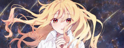 Rule 34 | 1girl, blonde hair, blush, collared shirt, commentary, eyes visible through hair, floating hair, hair between eyes, highres, long hair, looking at viewer, nekojarashi (r-grey), own hands clasped, own hands together, parted lips, project sekai, red eyes, shirt, shooting star, sky, solo, star (sky), starry sky, tenma saki, upper body, white shirt