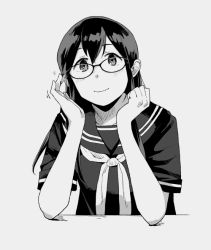 Rule 34 | 1girl, akagi (kancolle), alternate costume, banned artist, bespectacled, blush, elbow rest, glasses, greyscale, hair between eyes, kantai collection, long hair, looking at viewer, makio (makiomeigenbot), monochrome, neckerchief, sailor collar, school uniform, serafuku, short sleeves, simple background, smile, solo, sparkle