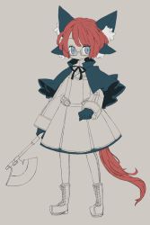 Rule 34 | 1girl, animal ears, blue eyes, boots, bow, capelet, cat ears, cat girl, coat, dress, extra ears, female focus, flat color, full body, glasses, gloves, long hair, partially colored, ponytail, red hair, ribbon, simple background, slit pupils, solo, very long hair, yokoe (mealtime)