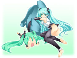 Rule 34 | aqua eyes, aqua hair, ass, barefoot, elbow gloves, fingerless gloves, gloves, hachune miku, hatsune miku, hatsune miku (append), long hair, looking at viewer, looking back, lying, on side, shiteyan&#039;yo, simple background, smile, twintails, unatama, very long hair, vocaloid, vocaloid append