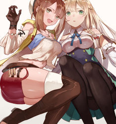Rule 34 | 2girls, :d, ass, atelier (series), atelier ryza, atelier ryza 1, bare shoulders, belt, beret, blonde hair, blush, boots, braid, breasts, brown belt, brown eyes, brown hair, collar, detached sleeves, green eyes, hair between eyes, hair ornament, hairclip, hat, highres, jacket, jewelry, klaudia valentz, leather, leather belt, leather boots, looking at viewer, medium breasts, midriff, multiple girls, necklace, open mouth, pantyhose, parted lips, red shorts, reisalin stout, shirt, short shorts, shorts, sleeveless, sleeveless jacket, smile, star (symbol), star necklace, thigh boots, thighhighs, thighs, vic (vedream), white headwear, white legwear, white shirt, yellow jacket