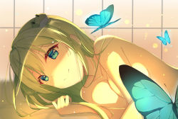 Rule 34 | 1girl, absurdres, bad id, bad pixiv id, blue eyes, breasts, bug, butterfly, cleavage, closed mouth, collarbone, diving penguin, frog hair ornament, green hair, hair between eyes, hair ornament, highres, insect, kochiya sanae, long hair, medium breasts, nude, smile, solo, touhou, upper body