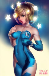 Rule 34 | 1girl, adapted costume, blonde hair, blue eyes, bodypaint, bracelet, breasts, bubble, closed mouth, collarbone, cowboy shot, eyelashes, female focus, flower, head tilt, jewelry, lips, long hair, looking at viewer, metroid, mid-century, naked paint, navel, nintendo, nose, nude, painted clothes, pasties, pinup (style), ponytail, realistic, samus aran, solo, standing, string, tsuaii, watermark, web address, zero suit