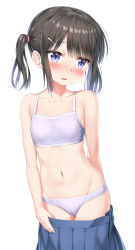 Rule 34 | 1girl, absurdres, bare arms, bare shoulders, blue skirt, blush, bra, breasts, brown hair, clothes pull, collarbone, commentary request, hair ornament, hair tie, hairclip, head tilt, highres, looking away, looking to the side, navel, nedia (nedia region), original, panties, parted lips, pleated skirt, purple bra, purple panties, sidelocks, simple background, skirt, skirt pull, small breasts, solo, twintails, underwear, undressing, white background