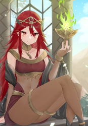 Rule 34 | 1girl, alternate costume, arabian clothes, blue sky, bodystocking, bridal gauntlets, closed mouth, cloud, collarbone, commentary request, cordelia (fire emblem), cosplay, day, fire, fire emblem, fire emblem awakening, fire emblem heroes, floating, floating object, green fire, hair between eyes, hair ornament, haru (nakajou-28), highres, long hair, looking at viewer, navel, nintendo, red eyes, red hair, sitting, skin tight, sky, solo, tharja (fire emblem), tharja (fire emblem) (cosplay), thighs, tiara, very long hair
