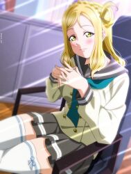 Rule 34 | 1girl, absurdres, artist name, blonde hair, blush, breasts, chair, closed mouth, commentary request, grey skirt, highres, indoors, interlocked fingers, isami don, light smile, long sleeves, looking at viewer, love live!, love live! sunshine!!, medium breasts, medium hair, ohara mari, school uniform, sitting, skirt, solo, sweater, thighhighs, uranohoshi school uniform, white sweater, white thighhighs, yellow eyes, zettai ryouiki