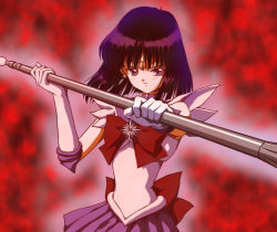 Rule 34 | 1girl, bishoujo senshi sailor moon, black hair, bow, brooch, brown bow, choker, earrings, elbow gloves, gloves, hino ryutaro, jewelry, looking at viewer, magical girl, purple eyes, red background, sailor saturn, serious, short hair, silence glaive, solo, staff, star brooch, tiara, tomoe hotaru, upper body, white gloves