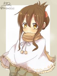 Rule 34 | 10s, 1girl, alternate costume, blush, brown eyes, brown hair, capelet, folded ponytail, inazuma (kancolle), kantai collection, looking at viewer, nonono (mino), scarf, smile, solo, sweater, twitter username, upper body
