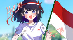 Rule 34 | 1girl, absurdres, blurry, blurry background, commentary, deidey, dirty, dirty clothes, dirty face, fang, hairband, highres, indie virtual youtuber, indonesian flag, indonesian text, looking at viewer, multicolored hairband, open mouth, purple eyes, purple hair, purpora, red hairband, shirt, short hair, short sleeves, sidelocks, signature, solo, upper body, virtual youtuber, white hairband, white shirt