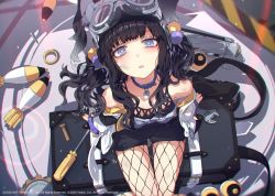 Rule 34 | 1girl, ammunition, animal ears, black hair, blue archive, blue eyes, blush, breasts, collar, dog ears, dog girl, dog tail, fishnet pantyhose, fishnets, from above, gears, goggles, goggles on head, hair bobbles, hair ornament, halo, hibiki (blue archive), jacket, long hair, looking at viewer, mortar (weapon), official art, ogipote, pantyhose, purple eyes, screwdriver, shell (projectile), sitting, solo, tail, wrench