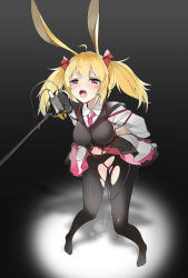 Rule 34 | 1girl, absurdres, animal ears, arknights, arms behind back, bdsm, black background, black pantyhose, blonde hair, blush, bow, breasts, frilled skirt, frills, hair bow, hair ribbon, half-closed eyes, highres, medium breasts, microphone, necktie, object insertion, open mouth, pantyhose, pop filter, pussy juice, pussy juice puddle, rabbit ears, red bow, red necktie, red ribbon, red skirt, ribbon, saliva, sex toy, shibari, shibari over clothes, shinnasuka025, skirt, solo, sora (arknights), sora (elite ii) (arknights), spotlight, sweat, torn clothes, torn pantyhose, twintails, vaginal, vaginal object insertion, vibrator, vibrator cord