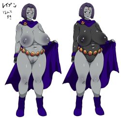 Rule 34 | 1girl, absurdres, bare legs, belt, black eyes, black leotard, blue cape, blush, boots, breasts, cape, censored, colored skin, covered navel, dc comics, facial mark, facing viewer, feet, female focus, female pubic hair, forehead mark, full body, functionally nude, grey skin, groin, hand up, highres, hood, huge breasts, impossible clothes, impossible leotard, kanden-ki, large areolae, legs, leotard, looking at viewer, medium hair, mosaic censoring, naked cape, navel, nipples, parted lips, plump, pubic hair, purple cape, purple footwear, purple hair, pussy, raven (dc), sagging breasts, see-through, short hair, simple background, skin tight, solo, standing, teen titans, thick thighs, thighs, translated, white background