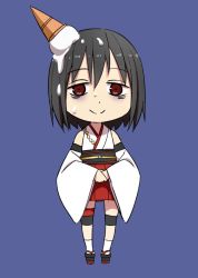 Rule 34 | 10s, 1girl, bags under eyes, black hair, brown eyes, chibi, detached sleeves, food, ice cream, ice cream cone, kantai collection, kinosuke (sositeimanoga), looking at viewer, nontraditional miko, pleated skirt, short hair, simple background, skirt, smile, solo, sweat, yamashiro (kancolle)