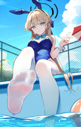 Rule 34 | 1girl, absurdres, animal ears, blonde hair, blue archive, blue bow, blue bowtie, blue eyes, blue hair, blue halo, blue leotard, bow, bowtie, braid, breasts, closed mouth, day, detached collar, fake animal ears, feet, foot focus, halo, highres, leotard, long hair, medium breasts, multicolored hair, official alternate costume, outdoors, pool, rabbit ears, sitting, solo, strapless, strapless leotard, streaked hair, thighhighs, toki (blue archive), toki (bunny) (blue archive), v, water, white wrist cuffs, wrist cuffs, yuye