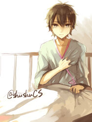 Rule 34 | 1boy, :|, bed, black eyes, black hair, blanket, bright pupils, closed mouth, collarbone, commentary request, crimsonseed, double-parted bangs, expressionless, grey background, grey eyes, hair between eyes, hand on own chest, hospital bed, hospital gown, kagerou project, kokonose haruka, long bangs, looking at viewer, male focus, mole, mole under eye, on bed, short hair, sitting, sketch, sleeves past elbows, solo, straight-on, upper body, white background, white pupils, wide sleeves