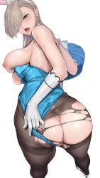 Rule 34 | 1girl, animal ears, aqua bow, aqua bowtie, aqua leotard, ass, ass focus, asuna (blue archive), asuna (bunny) (blue archive), bare shoulders, blue archive, blue eyes, blush, bow, bowtie, breasts, breasts out, brown pantyhose, censored, clothing aside, detached collar, elbow gloves, fake animal ears, from behind, gloves, hair over one eye, half-closed eyes, high heels, highleg, highleg leotard, highres, large breasts, leotard, leotard aside, light brown hair, long hair, looking at viewer, looking back, mosaic censoring, nipples, no bra, no panties, official alternate costume, open mouth, pantyhose, playboy bunny, pussy, rabbit ears, simple background, solo, strapless, strapless leotard, thighband pantyhose, tongue, tongue out, torn clothes, torn pantyhose, white background, white footwear, white gloves, yamaishi (mukoubuti)