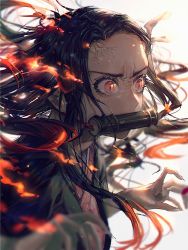 Rule 34 | 1girl, angry, bit gag, black hair, blurry, blurry background, brown hair, claws, commentary request, embers, eyelashes, fingernails, fire, fire, from side, gag, gagged, gradient hair, grey background, hair ribbon, haori, highres, japanese clothes, kamado nezuko, kimetsu no yaiba, kimono, long eyelashes, long fingernails, long hair, looking to the side, multicolored hair, pink eyes, pink kimono, pink ribbon, print kimono, ribbon, sharp fingernails, signature, simple background, slit pupils, solo, tsukiiro, upper body, veins, very long hair, white background