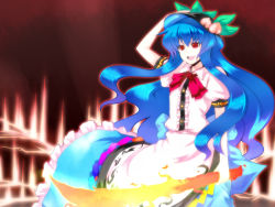 Rule 34 | &gt;:d, 1girl, :d, adjusting clothes, adjusting headwear, arm up, black hat, blue hair, bow, bowtie, buttons, dress shirt, food, frills, fruit, hat, hinanawi tenshi, leaf, long hair, open mouth, peach, puffy short sleeves, puffy sleeves, rainbow gradient, rainbow order, red bow, red eyes, saemon (tonpura), shirt, short sleeves, smile, solo, sword of hisou, touhou, upper body, v-shaped eyebrows, very long hair, white shirt, wing collar