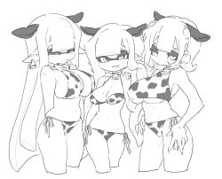 Rule 34 | 3girls, adjusting hair, animal ears, animal print, arm behind back, bikini, blush, breasts, cleavage, collar, cow ears, cow print, cow print bikini, cowbell, cropped legs, dot nose, ear piercing, ear tag, fake animal ears, female focus, finger to mouth, greyscale, half-closed eyes, highres, inkling, inkling girl, inkling player character, large breasts, long hair, looking at viewer, medium breasts, mole, mole on arm, mole on breast, monochrome, multiple girls, navel, nintendo, nitronic, octoling, octoling girl, octoling player character, piercing, pointy ears, print bikini, short hair, side-tie bikini bottom, simple background, sketch, smile, splatoon (series), standing, stomach, swimsuit, tentacle hair, underboob, white background