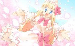 Rule 34 | 1girl, arnest, blonde hair, blue eyes, blue sky, bow, bowtie, capelet, cherry blossoms, clothes lift, collared capelet, dress, dress lift, eyelashes, frilled dress, frills, game cg, hair bow, hat, light blush, lily white, long hair, looking at viewer, medium dress, official art, open mouth, outdoors, outstretched arms, petals, pink bow, pink bowtie, sidelocks, sky, smile, solo, spring (season), straight hair, touhou, touhou cannonball, waist bow, white capelet, white dress, white hat