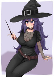 Rule 34 | 1girl, @ @, absurdres, ahoge, alternate breast size, black dress, blush, breasts, choker, cleavage, collarbone, creatures (company), dress, game freak, hair between eyes, halloween, halloween costume, hands up, hat, hex maniac (pokemon), highres, holding, holding wand, large breasts, long hair, looking at viewer, nintendo, pokemon, pokemon xy, purple eyes, purple hair, sitting, smile, solo, spider web print, the only shoe, wand, witch hat