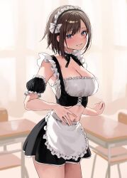 Rule 34 | 1girl, absurdres, apron, black ribbon, black skirt, blue eyes, blush, breasts, brown hair, chair, chigusa minori, cleavage, commentary request, cowboy shot, crop top, cropped shirt, desk, detached sleeves, futago matomete kanojo ni shinai?, highres, indoors, large breasts, looking at viewer, maid, maid headdress, midriff, neck ribbon, official art, ribbon, school chair, school desk, second-party source, short hair, sidelocks, skirt, smile, solo, usami hikari, white apron