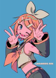 Rule 34 | 1girl, ascot, belt, black pants, blue eyes, brown belt, character name, commentary, crop top, detached sleeves, double w, eyelashes, fingernails, frilled shirt, frills, hair ornament, hairclip, highres, kagamine rin, menma (enaic31), number tattoo, one eye closed, open mouth, pants, pocket, sailor collar, shirt, short hair, shoulder tattoo, simple background, solo, tattoo, teeth, vocaloid, w, white shirt, yellow ascot