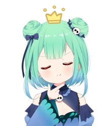 Rule 34 | &gt;:), 1girl, bare shoulders, black bow, blue dress, blue sleeves, bow, closed eyes, closed mouth, detached sleeves, deyui, double bun, drawn crown, dress, earrings, facing viewer, green hair, hair bow, hair bun, hair ornament, hand up, highres, hololive, jewelry, juliet sleeves, long sleeves, puffy sleeves, simple background, skull earrings, skull hair ornament, sleeveless, sleeveless dress, sleeves past wrists, smile, solo, upper body, uruha rushia, uruha rushia (1st costume), v-shaped eyebrows, virtual youtuber, white background, wide sleeves