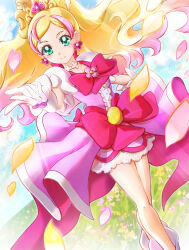 Rule 34 | 1girl, blonde hair, blue eyes, bow, choker, clear glass (mildmild1311), cloud, cloudy sky, cure flora, earrings, field, flower, flower earrings, flower field, flower necklace, gloves, go! princess precure, haruno haruka, highres, jewelry, long hair, looking at viewer, magical girl, multicolored hair, necklace, outdoors, petals, pink bow, pink hair, precure, puffy sleeves, skirt, sky, smile, solo, streaked hair, two-tone hair, waist bow, waist brooch, white gloves