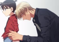 2boys, amuro tooru, bangs, black-framed eyewear, black shirt, blonde hair, blue eyes, blurry, brown hair, child, closed mouth, collared shirt, commentary request, depth of field, edogawa conan, from side, glasses, grey background, grey neckwear, grey shorts, hair between eyes, hand in pocket, height difference, jacket, k (gear labo), long sleeves, looking down, looking to the side, male focus, meitantei conan, multiple boys, necktie, open clothes, open jacket, profile, red jacket, serious, shirt, short hair, shorts, simple background
