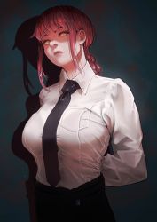 Rule 34 | 1girl, arms behind back, black neckwear, black pants, braid, braided ponytail, breast pocket, breasts, chainsaw man, collared shirt, cowboy shot, dress shirt, highres, joy boy, large breasts, long sleeves, looking at viewer, makima (chainsaw man), necktie, pants, pocket, red hair, ringed eyes, serious, shadow, shirt, shirt tucked in, white shirt